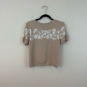 Elie Tahari Cream White Floral Puff Sleeve Short Sleeve Soft Knit Sweater Size M